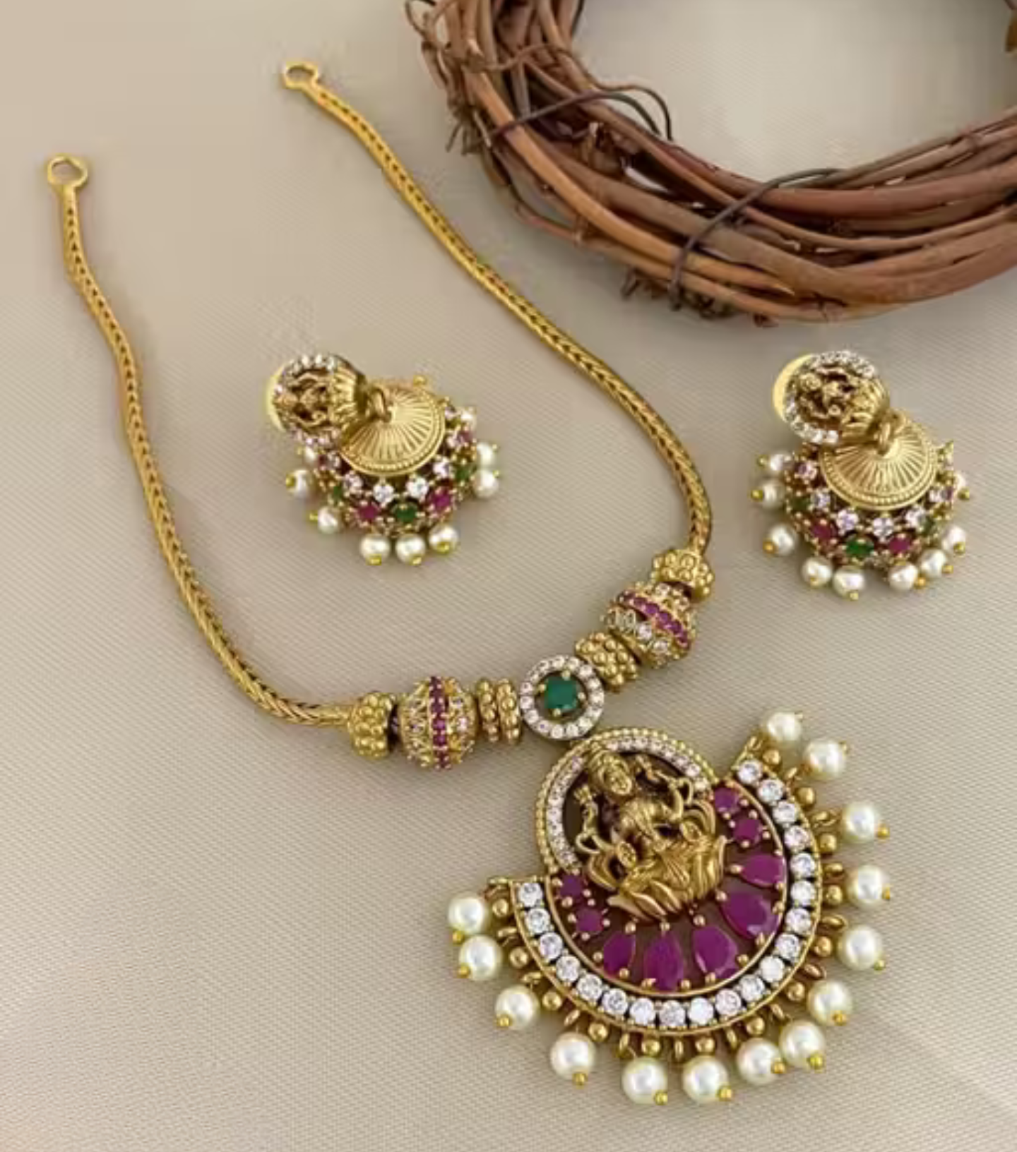 22K Gold-Plated Ruby, Emerald & CZ Studded Laxmi Temple Necklace Set with Pearl Drop