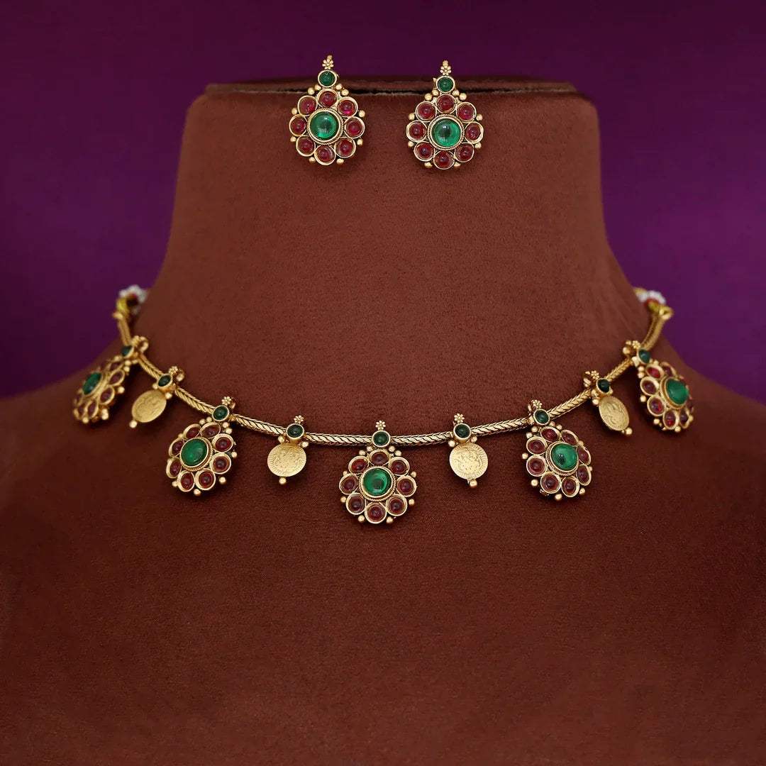 Ruby Flower and coin necklace