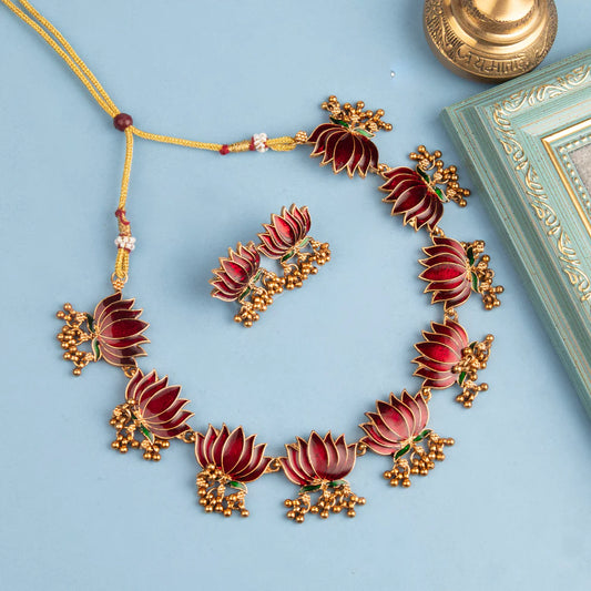 Antique Premium Lotus Necklace with Earrings