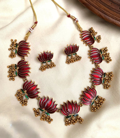 Antique Premium Lotus Necklace with Earrings