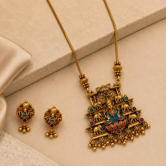 Antique Lakshmi Elephant Temple Pendant Necklace Set