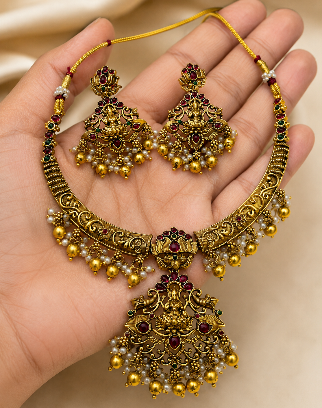Ruby Pearl Lakshmi Necklace Set