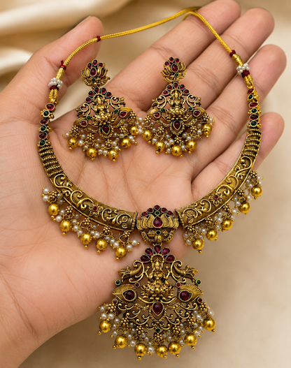 Ruby Pearl Lakshmi Necklace Set