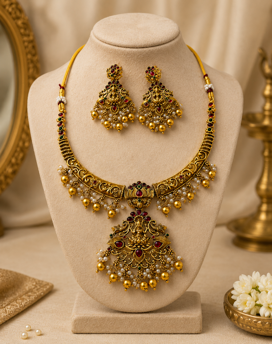 Ruby Pearl Lakshmi Necklace Set