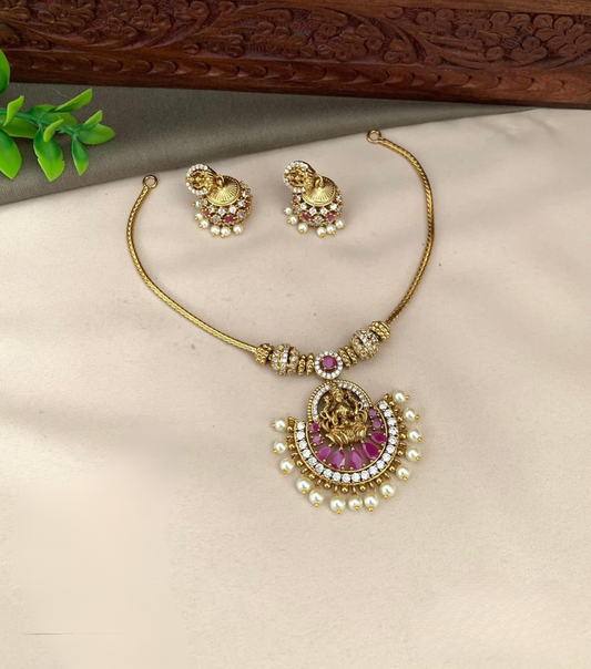 22K Gold-Plated Ruby, Emerald & CZ Studded Laxmi Temple Necklace Set with Pearl Drop